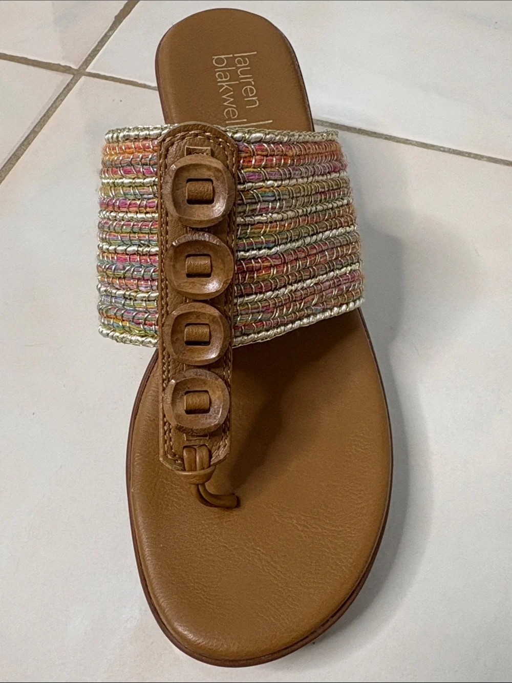 Lauren Blackwell Mahogany Wedge Sandals with Multicolor Metallic Straps. Size 8